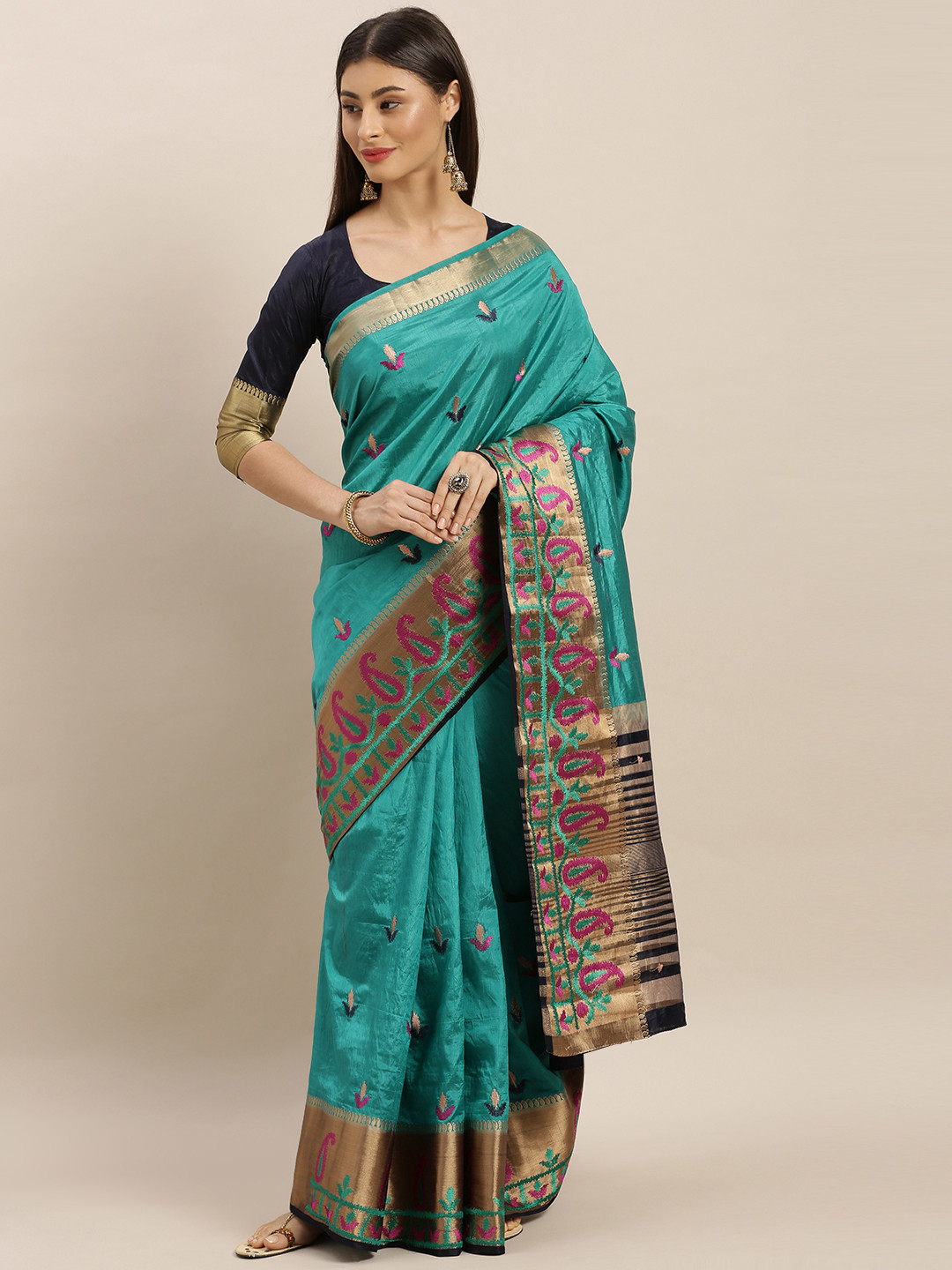 MIMOSA Teal Green & Gold-Colored Art Silk Embroidered Kanjeevaram Saree