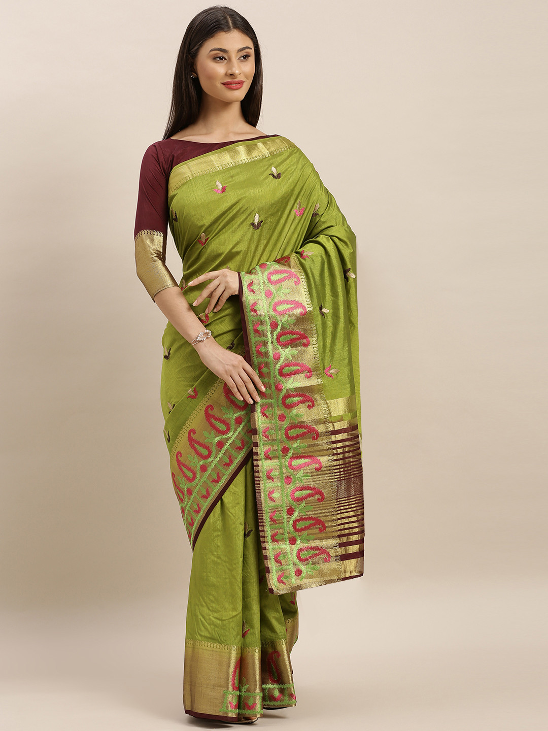 MIMOSA Lime Green & Brown Art Silk Embroidered Kanjeevaram Saree