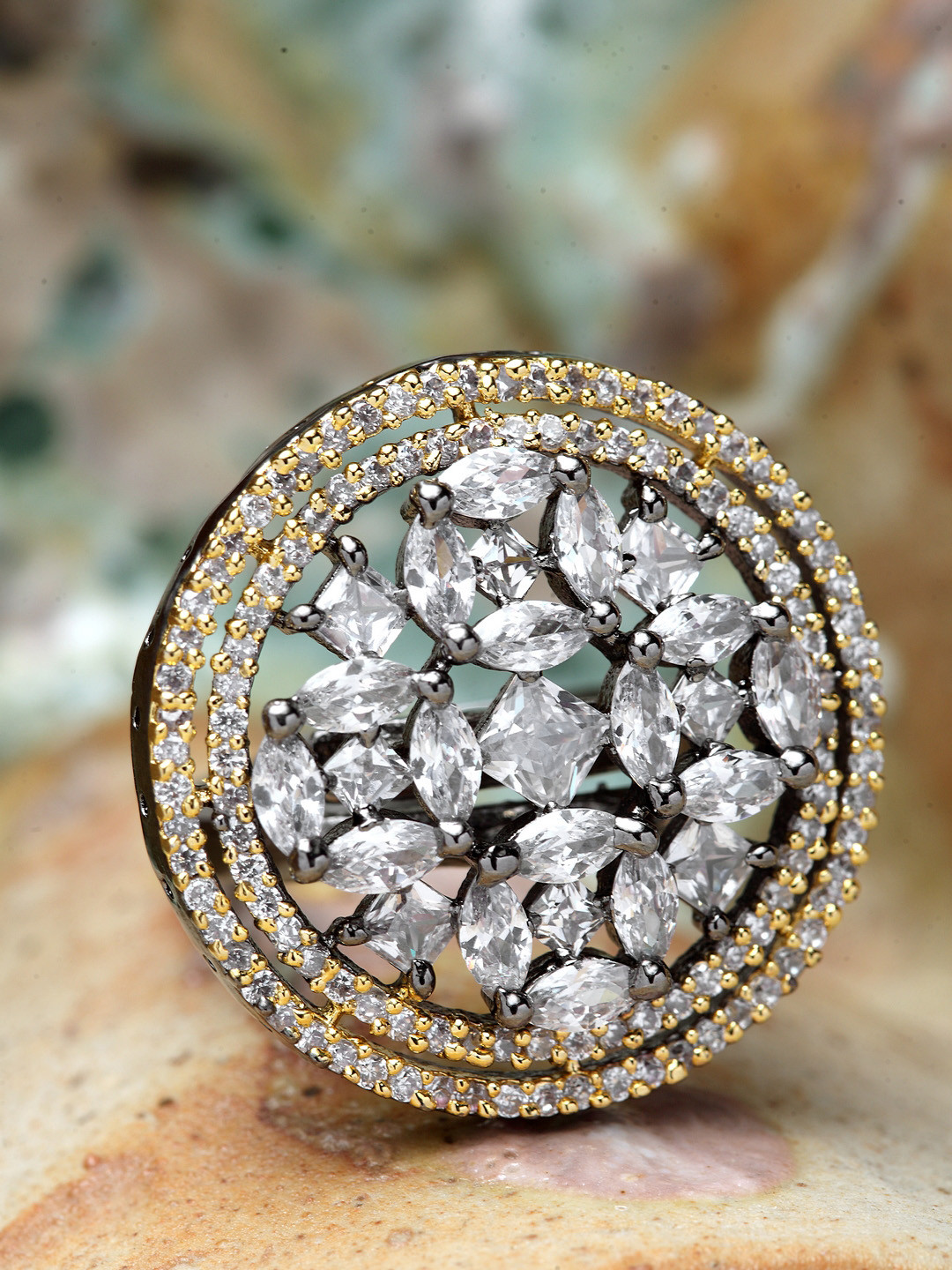 Bhana Fashion Rhodium-Plated Metallic-Toned & White AD-Studded Circular Finger Ring