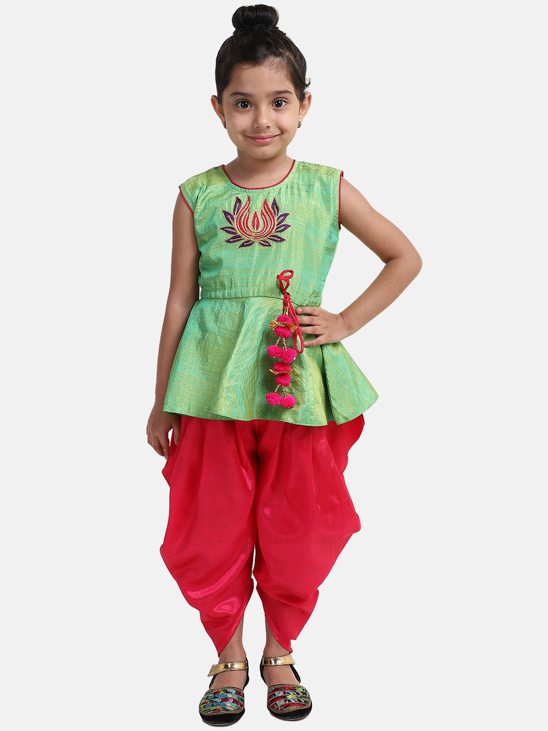 BownBee Girls Green & Red Embroidered Kurti with Dhoti Pants