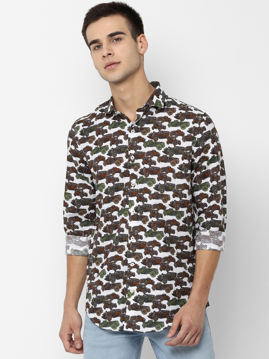 SIMON CARTER LONDON Men White & Green Printed Slim Fit Cotton Linen Casual Shirt