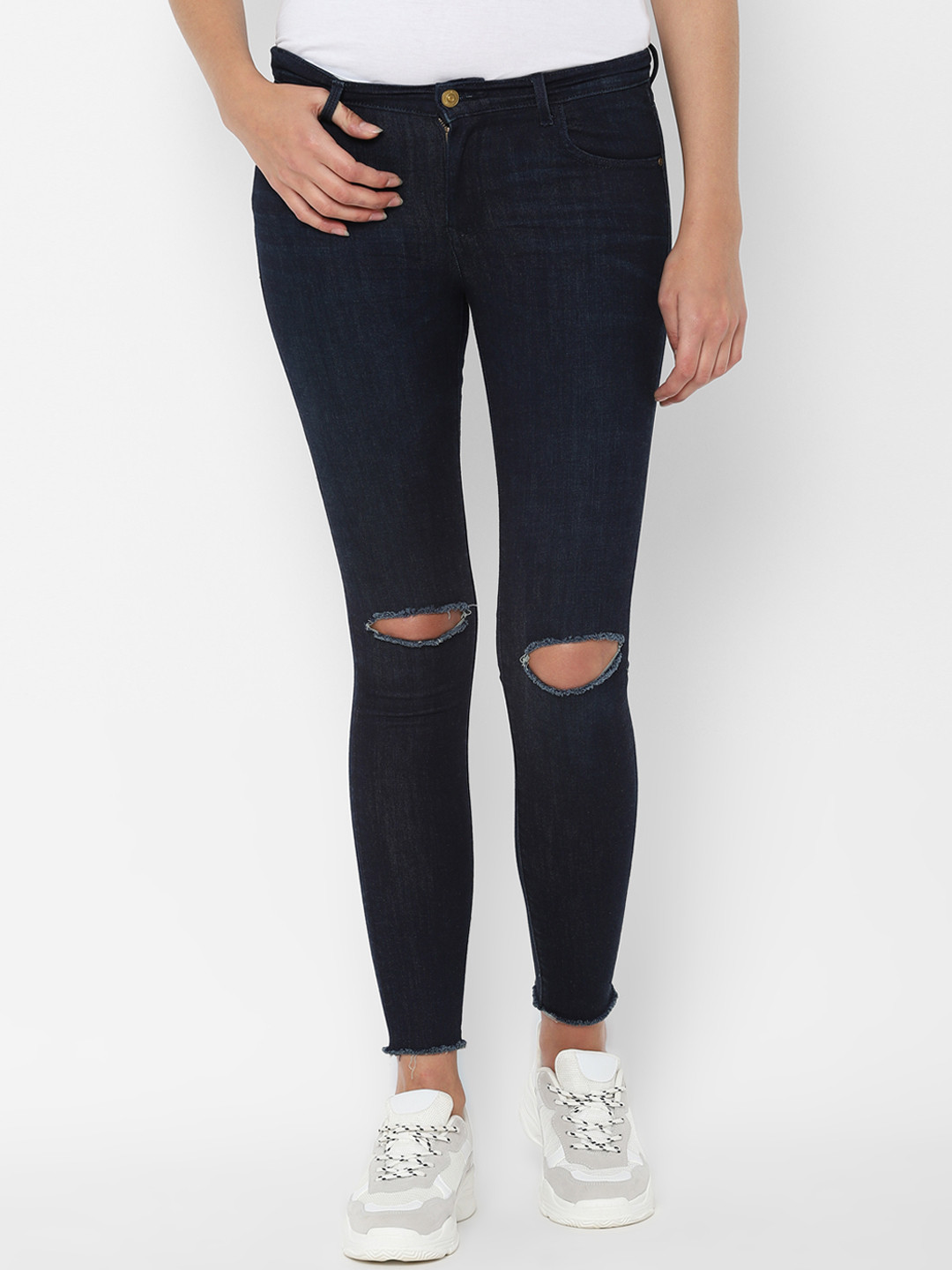 Allen Solly Woman Blue Regular Fit Mid-Rise Slash Knee Stretchable Jeans