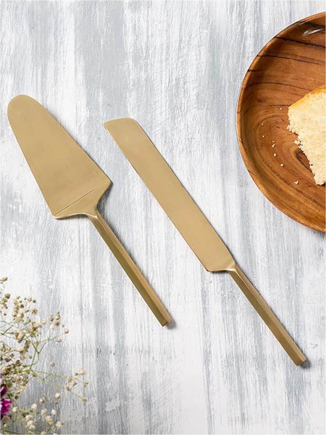 nestroots Set Of 2 Muted Gold-Toned Solid Stainless Steel Cake Server Set