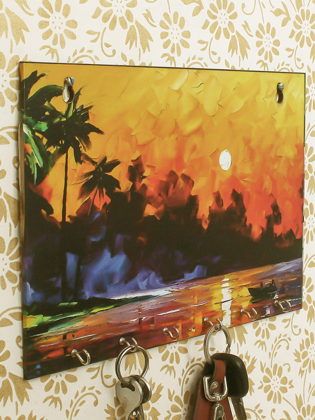 eCraftIndia Yellow & Black Nature View Wooden Key Holder with 6 Hooks