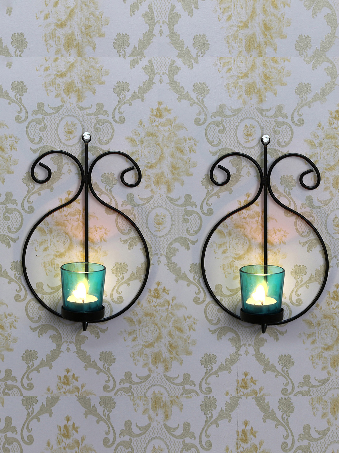eCraftIndia Set Of 2 Black and Blue Tea Light Candle Holder with Wall Sconce