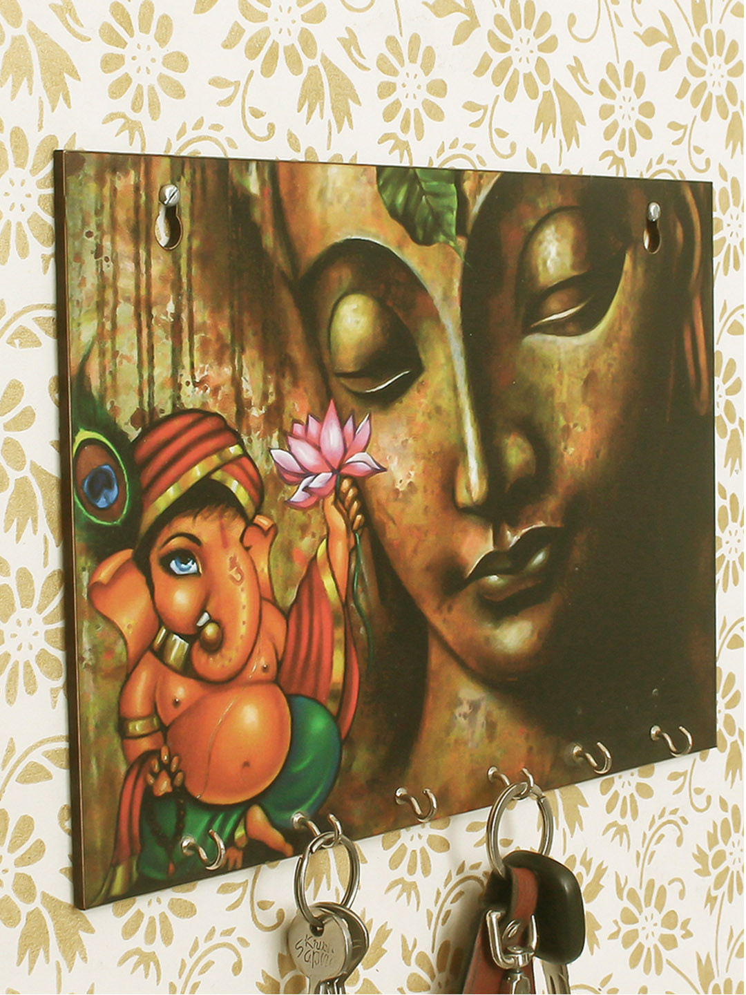 eCraftIndia Green & Brown Lord Ganesha Wooden Key Holder with 6 Hooks