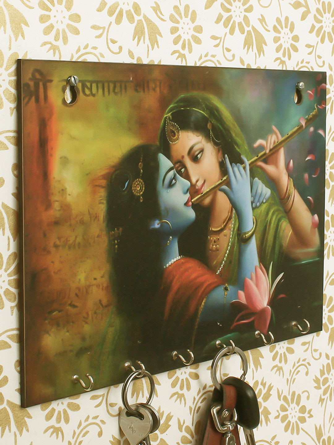 eCraftIndia Radhe Krishna Wooden Key Holder With 6 Hooks