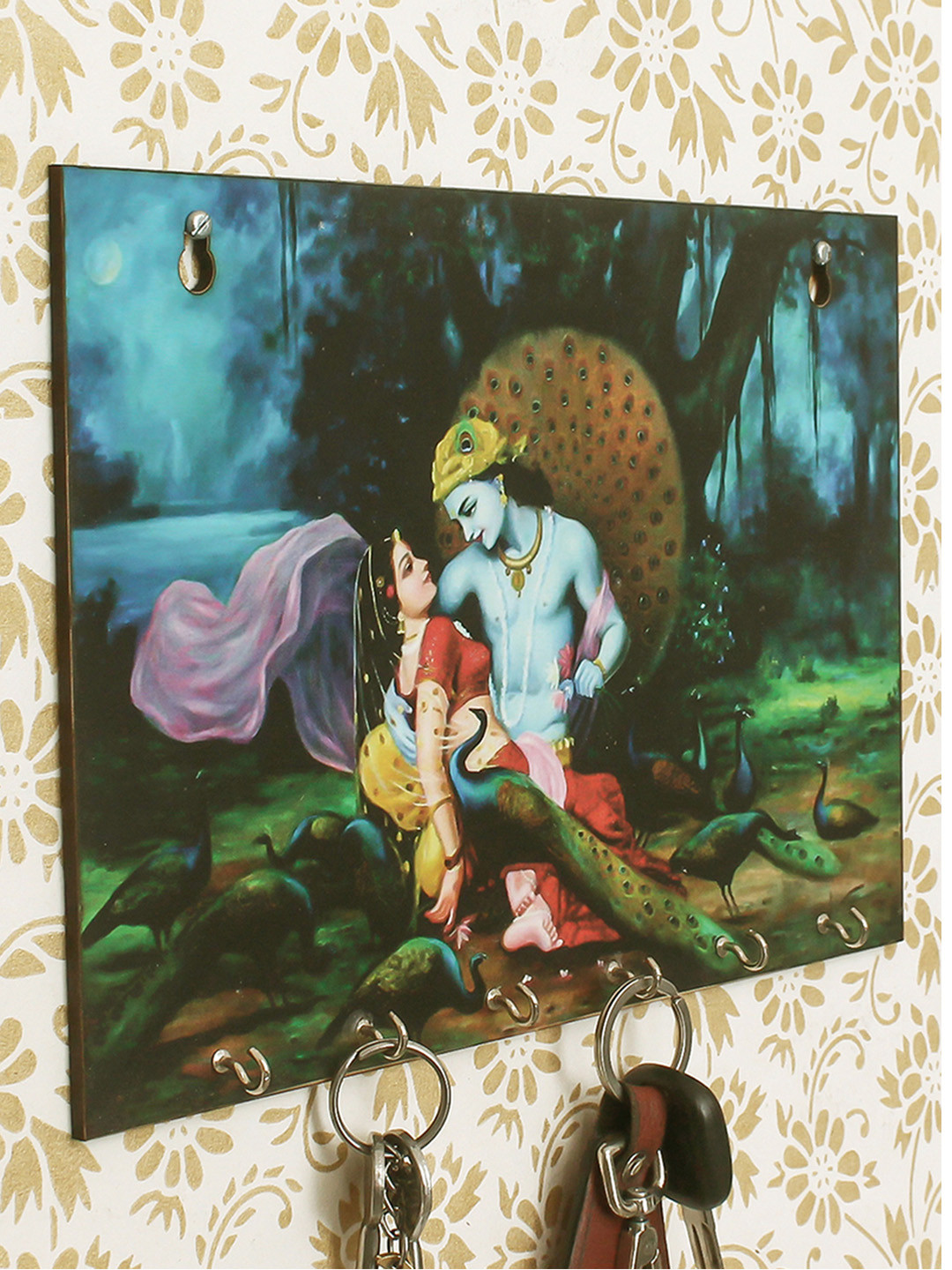 eCraftIndia Blue & Green Radhe Krishna Theme Wooden 6 Hooks Key Holder