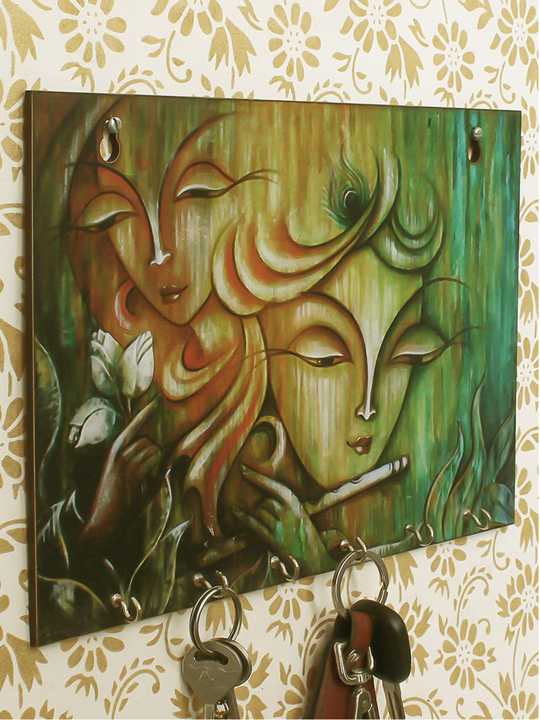 eCraftIndia Green & Yellow Radhe Krishna Theme Wooden Key Holder with 6 Hooks