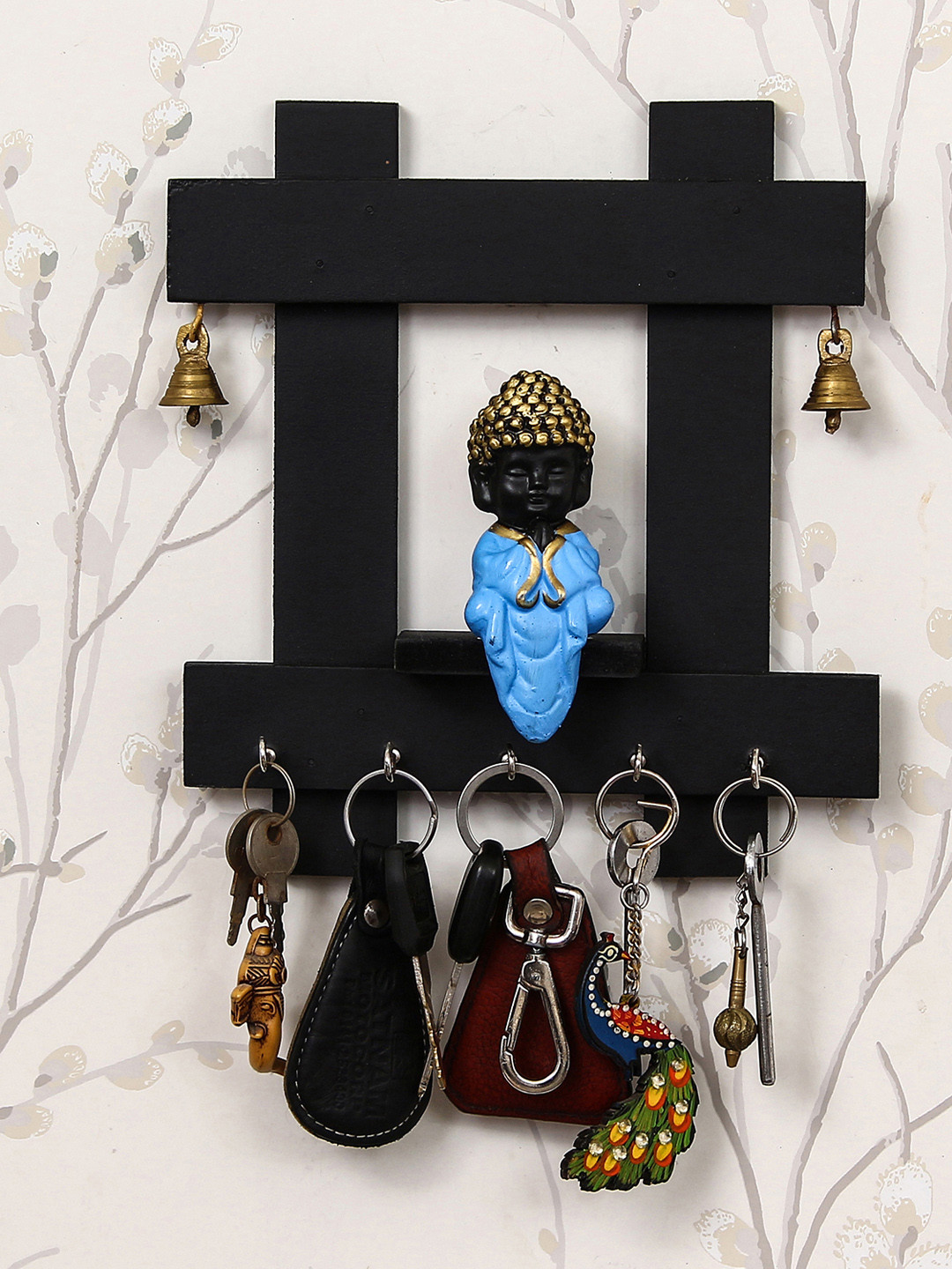 eCraftIndia Black & Blue Peaceful Buddha Sitting Wooden Keyholder with 5 Key Knobs