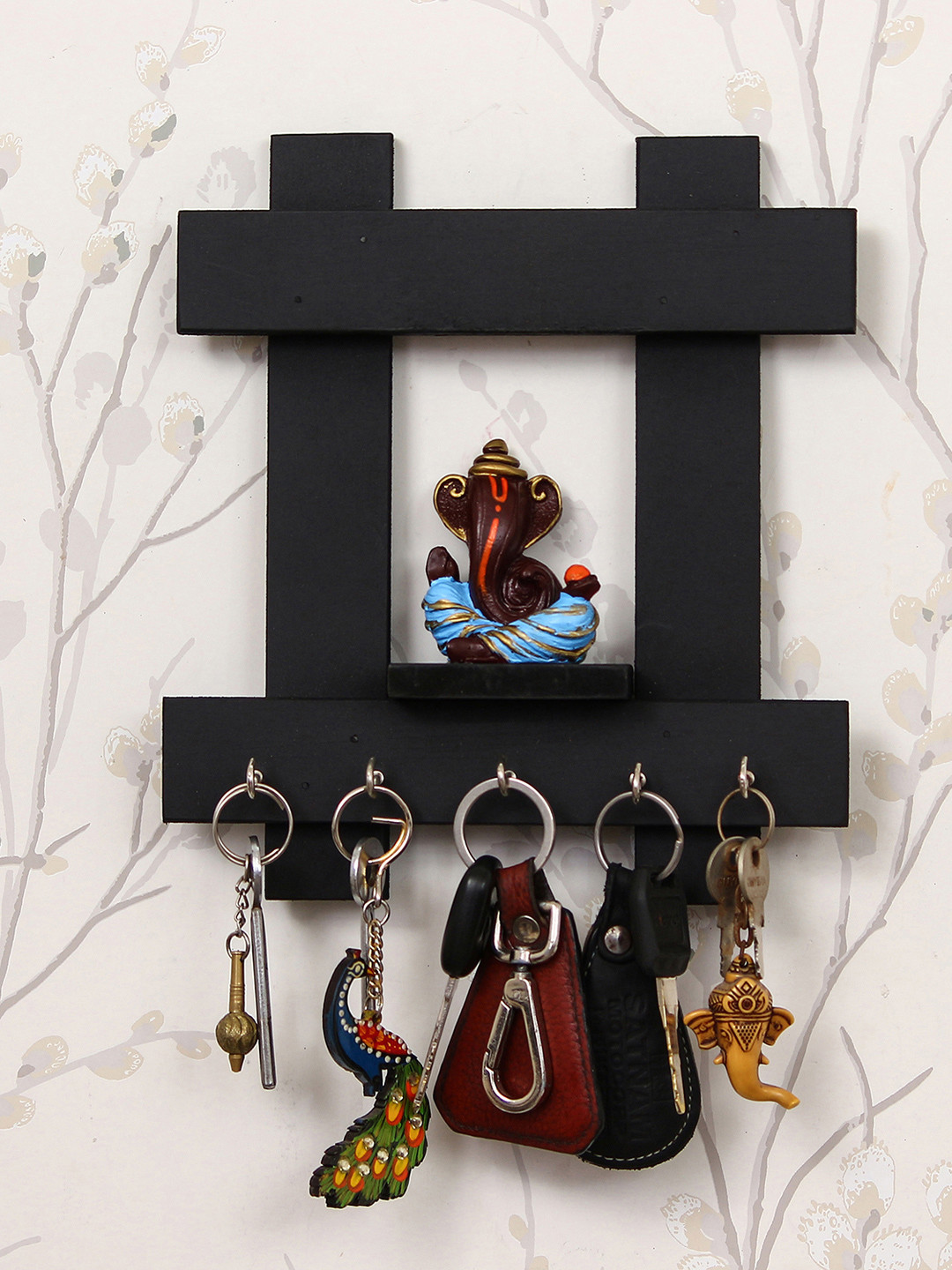 eCraftIndia Black & Brown Lord Ganesha Wooden Key Holder With 5 Key Knobs