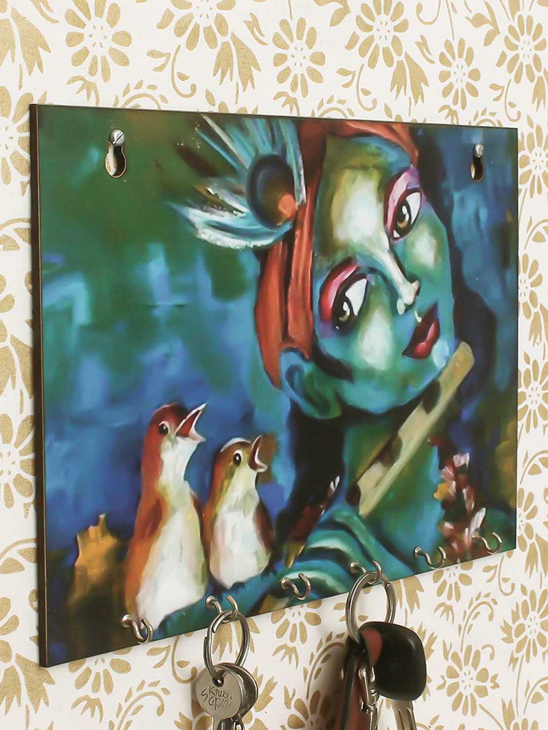 eCraftIndia Green & Blue Shree Krishna Theme Wooden Key Holder With 6 Hooks