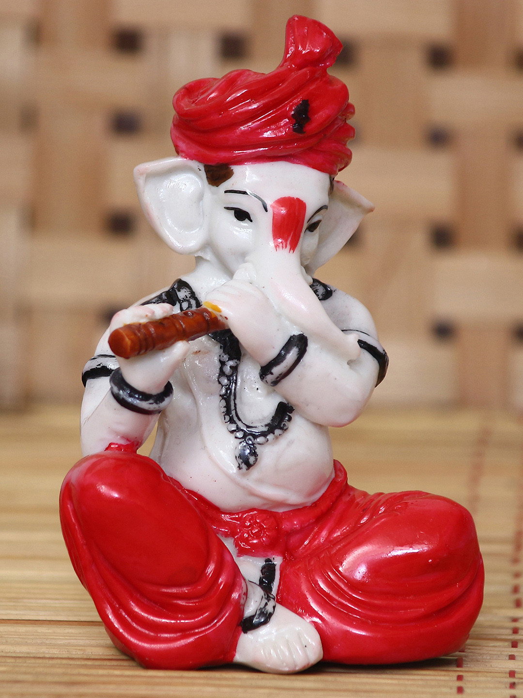 eCraftIndia Lord Ganesha Playing Flute Red Polyresin Glossy Prayer Room Small Showpiece - 4.7 Inches