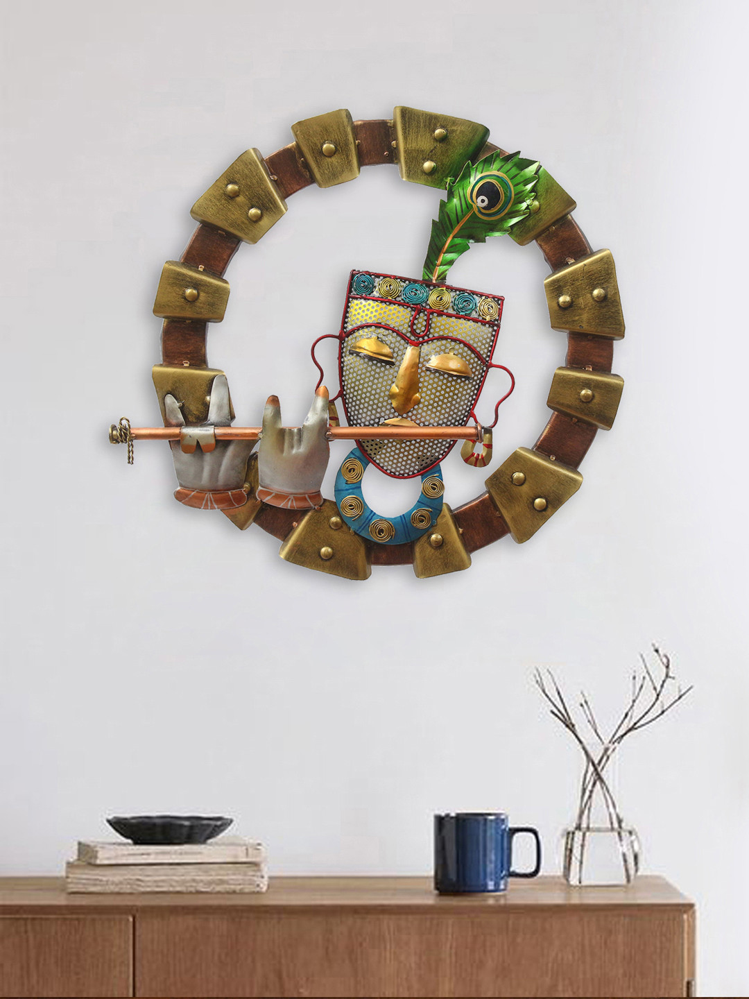 eCraftIndia Lord Krishna Playing Flute Metal Rusty Spiritual Wall Decor-18.5In