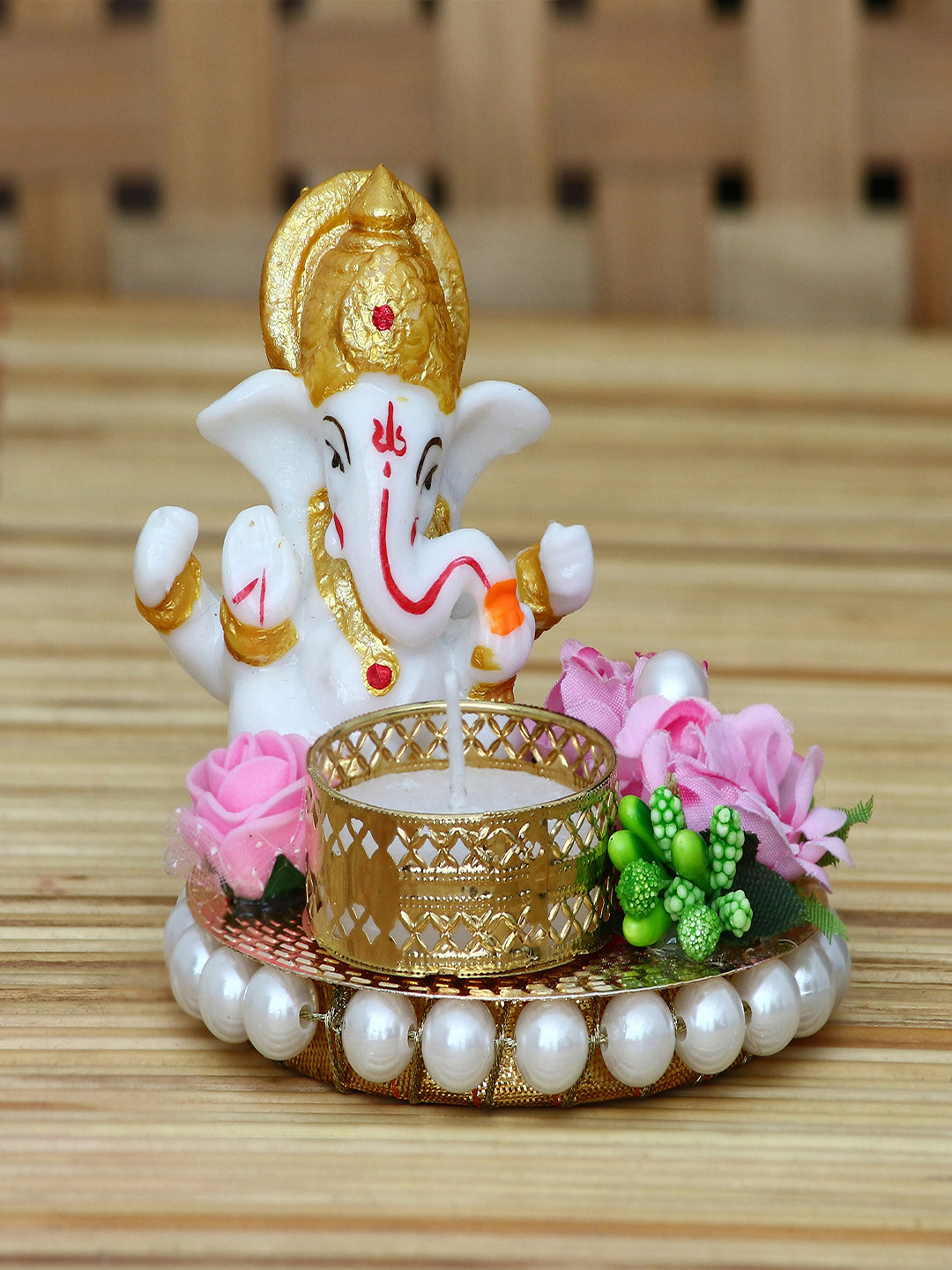 eCraftIndia Lord Ganesha Plate with Tea Light Holder White Metal Metallic Prayer Room Lights Tiny Showpiece - 2.8 Inches