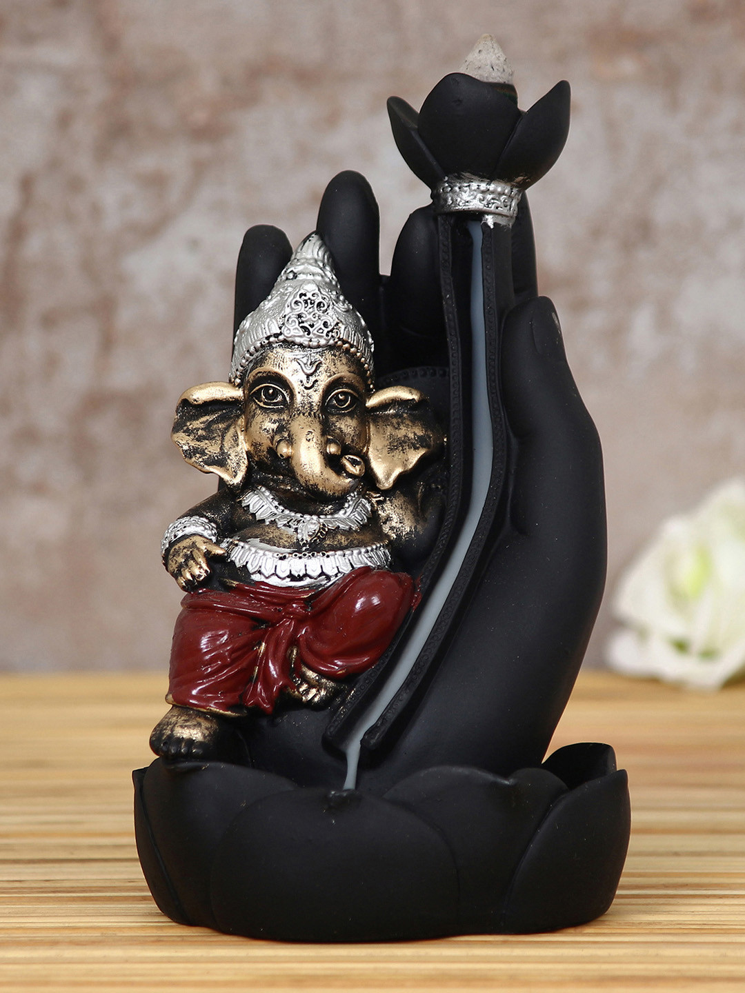 eCraftIndia Lord Ganesha Smoke Backflow Cone Black Polyresin Matte Prayer Room Small Showpiece - 6.3 Inches