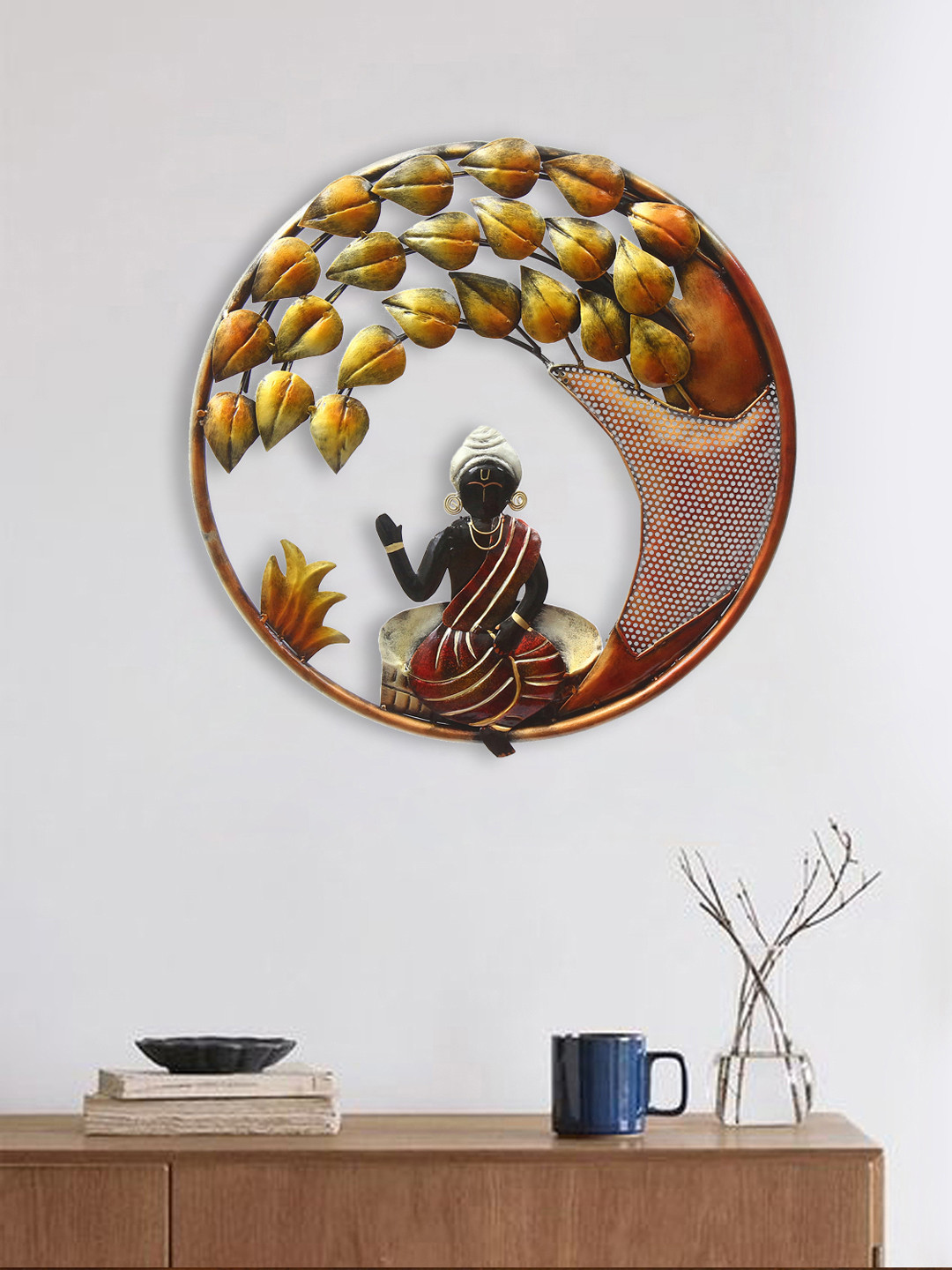 eCraftIndia Lord Buddha with Leaves Brown Iron Metallic Living Room Hand-Crafted Large Showpiece - 18.1 Inches