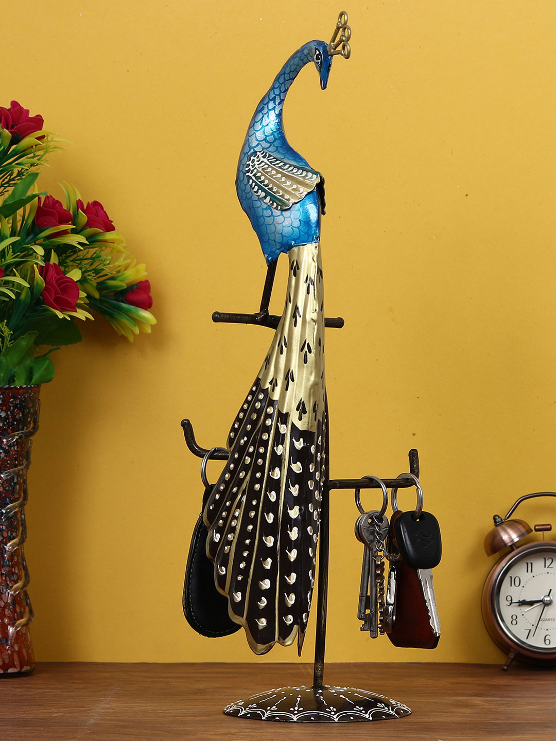 eCraftIndia Blue & Gold-Toned Handcrafted Peacock Key Holder