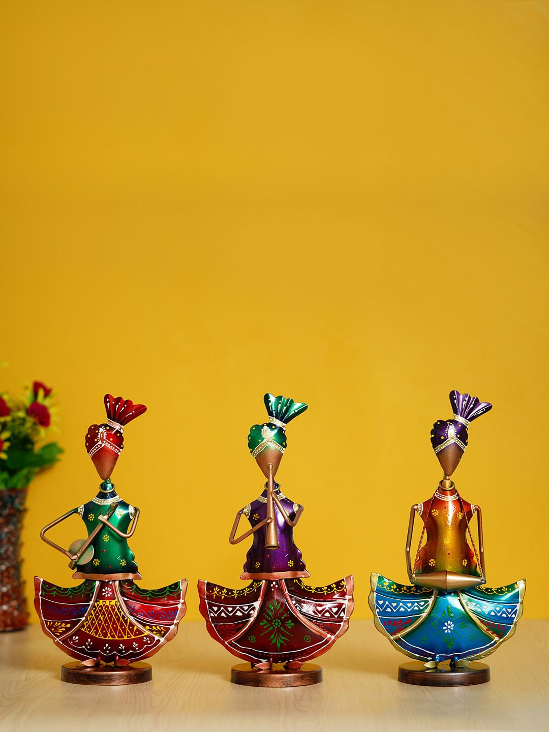 eCraftIndia Tribal Ladies Playing Different Musical instruments Blue Metal Metallic Living Room Set of 3 Medium Showpieces - 12.8 Inches