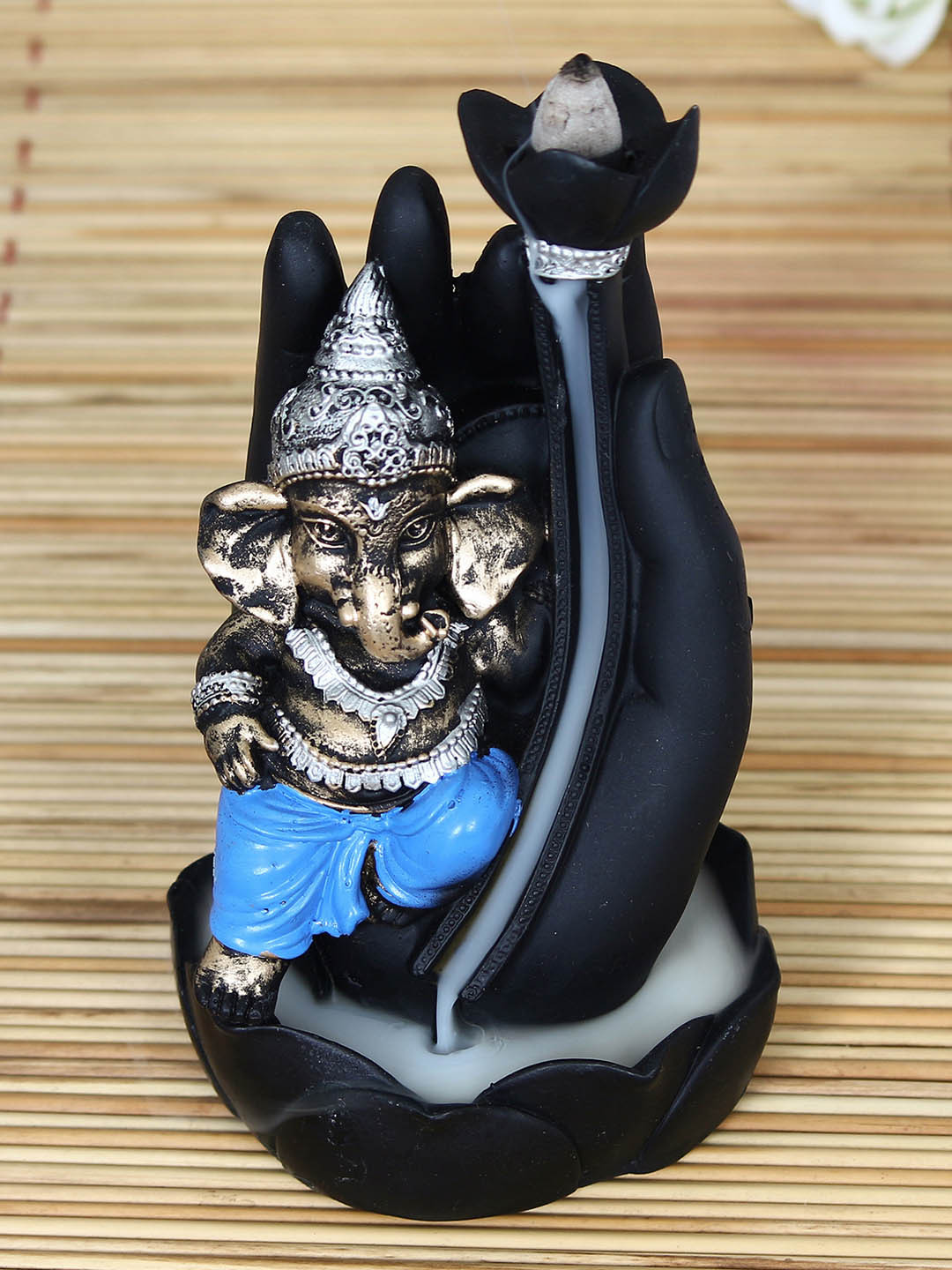 eCraftIndia Lord Ganesha Smoke Backflow Cone Black Polyresin Matte Living Room Small Showpiece - 6.3 Inches