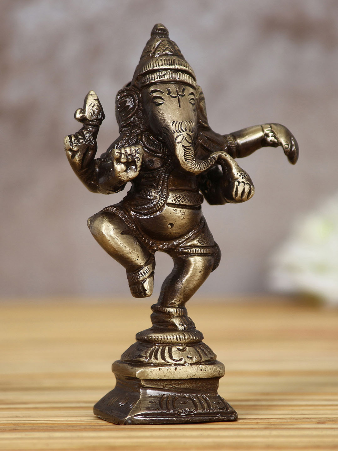 eCraftIndia Dancing Lord Ganesha Bronze Brass Metallic Prayer Room Small Showpiece - 4.1 Inches