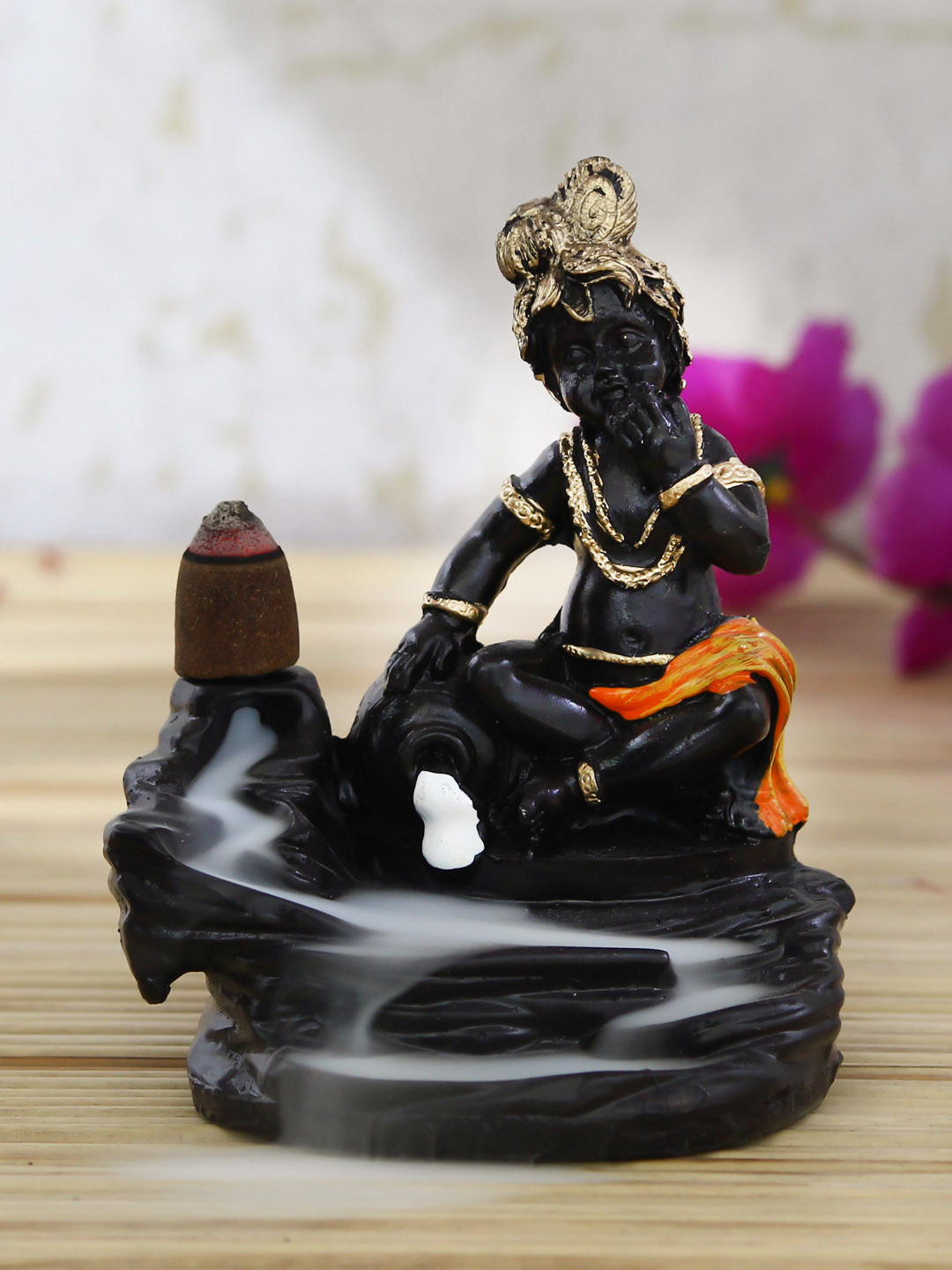 eCraftIndia Lord Krishna Black Polyresin Natural Prayer Room Fountain Small Showpiece - 4.3 Inches