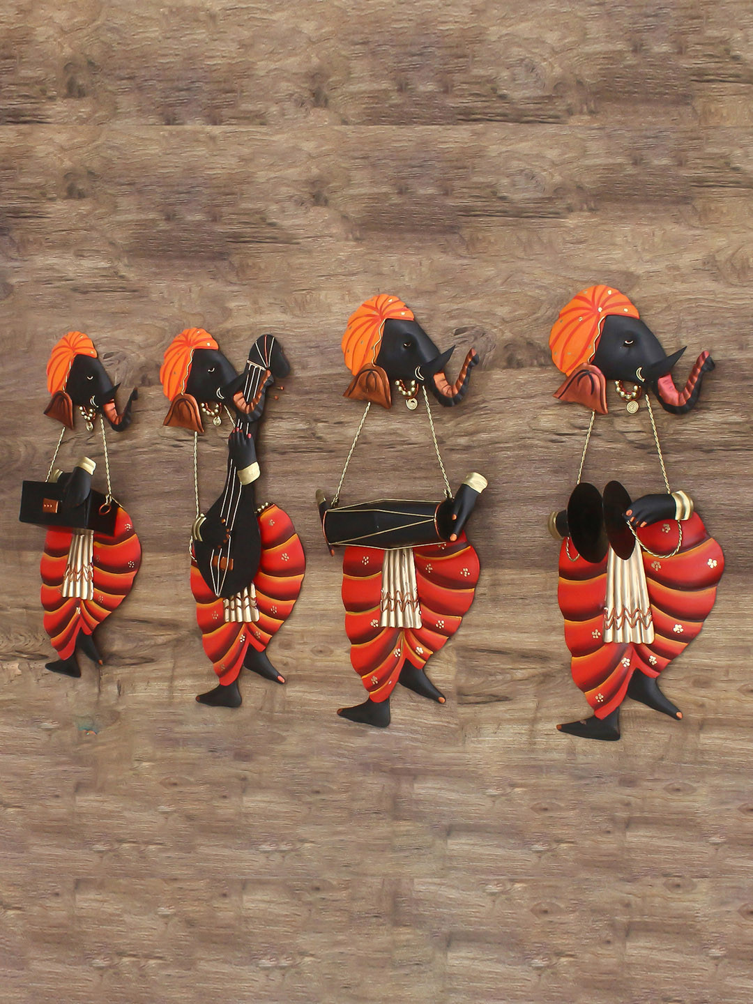 eCraftIndia Set of 4 Black & Red Handcrafted Musician Lord Ganesha Wall Decor