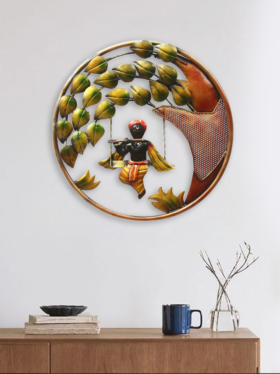 eCraftIndia Lord Krishna Playing Flute on Swing Metal Rusty Spiritual Wall Decor-17.3In
