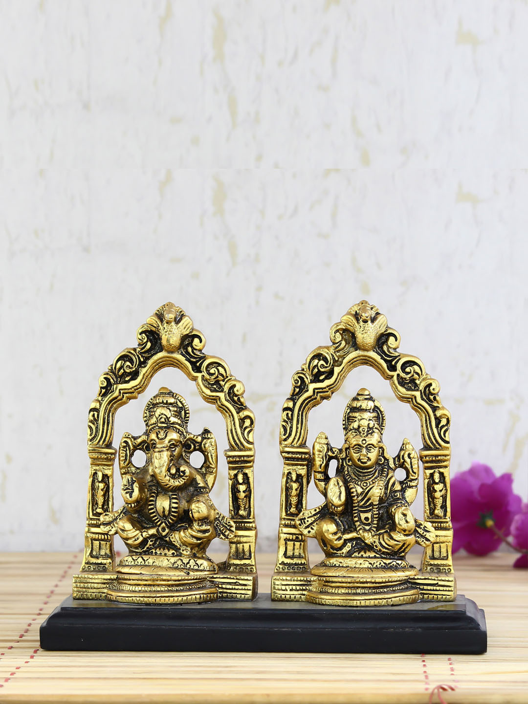 eCraftIndia Goddess Laxmi and Lord Ganesha Gold Metal Metallic Prayer Room Small Showpiece - 5.5 Inches