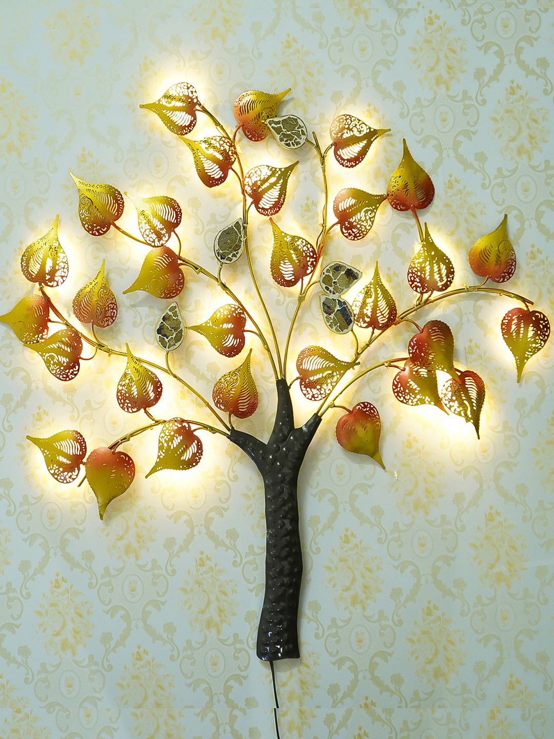eCraftIndia Yellow & Black Handcrafted Tree with LED Lights Wall Decor