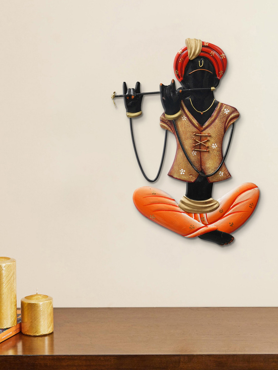 eCraftIndia Brown & Black Handcrafted Tribal Musician Playing Flute Wall Decor