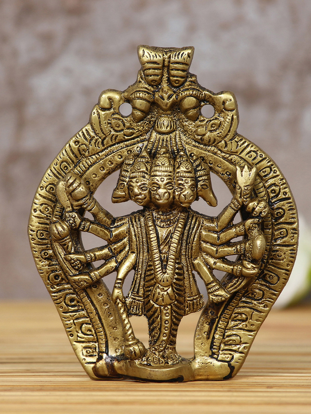 eCraftIndia Panchmukhi Lord Hanuman Gold Metal Metallic Prayer Room Small Showpiece - 4.7 Inches