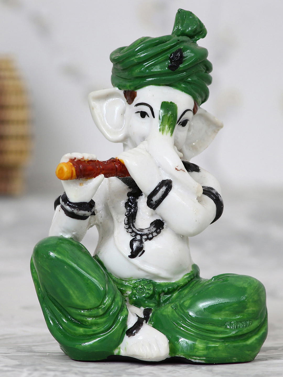 eCraftIndia Lord Ganesha Playing Flute Green Metal Metallic Prayer Room Music Small Showpiece - 4.7 Inches