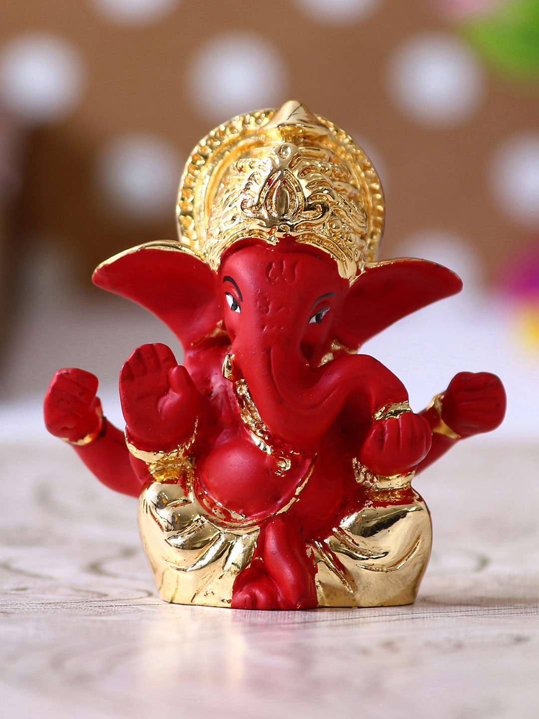 eCraftIndia Mukut Ganesha Red Polyresin Glossy Prayer Room Tiny Showpiece - 2.4 Inches