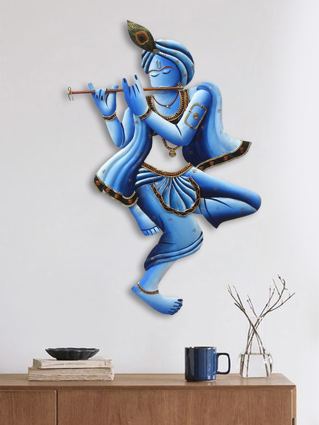 eCraftIndia Lord Krishna Playing Flute Metal Rusty Spiritual Wall Decor-24.4In