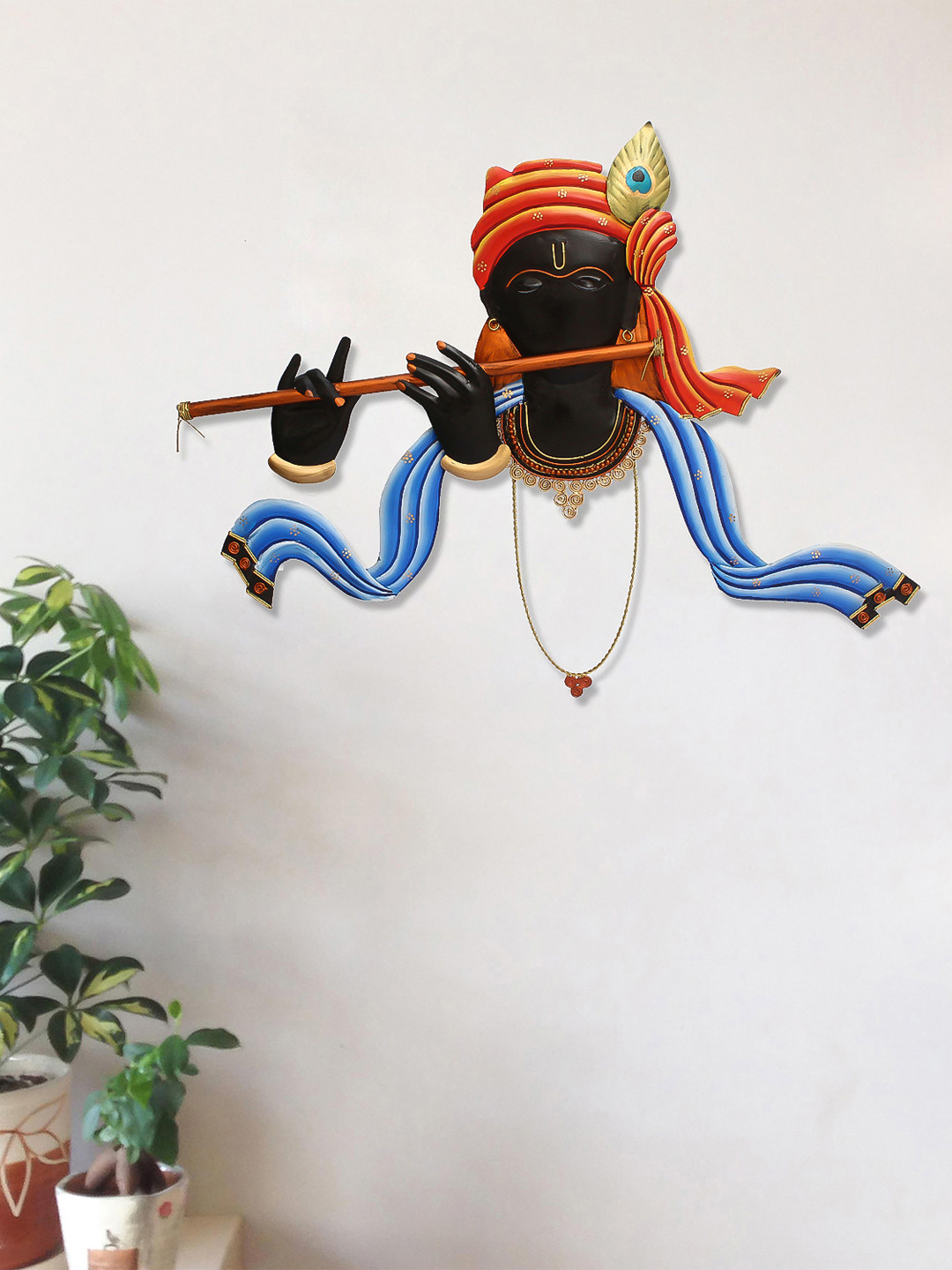 eCraftIndia Orange & Black Lord Krishna Playing Flute Wall Hanging
