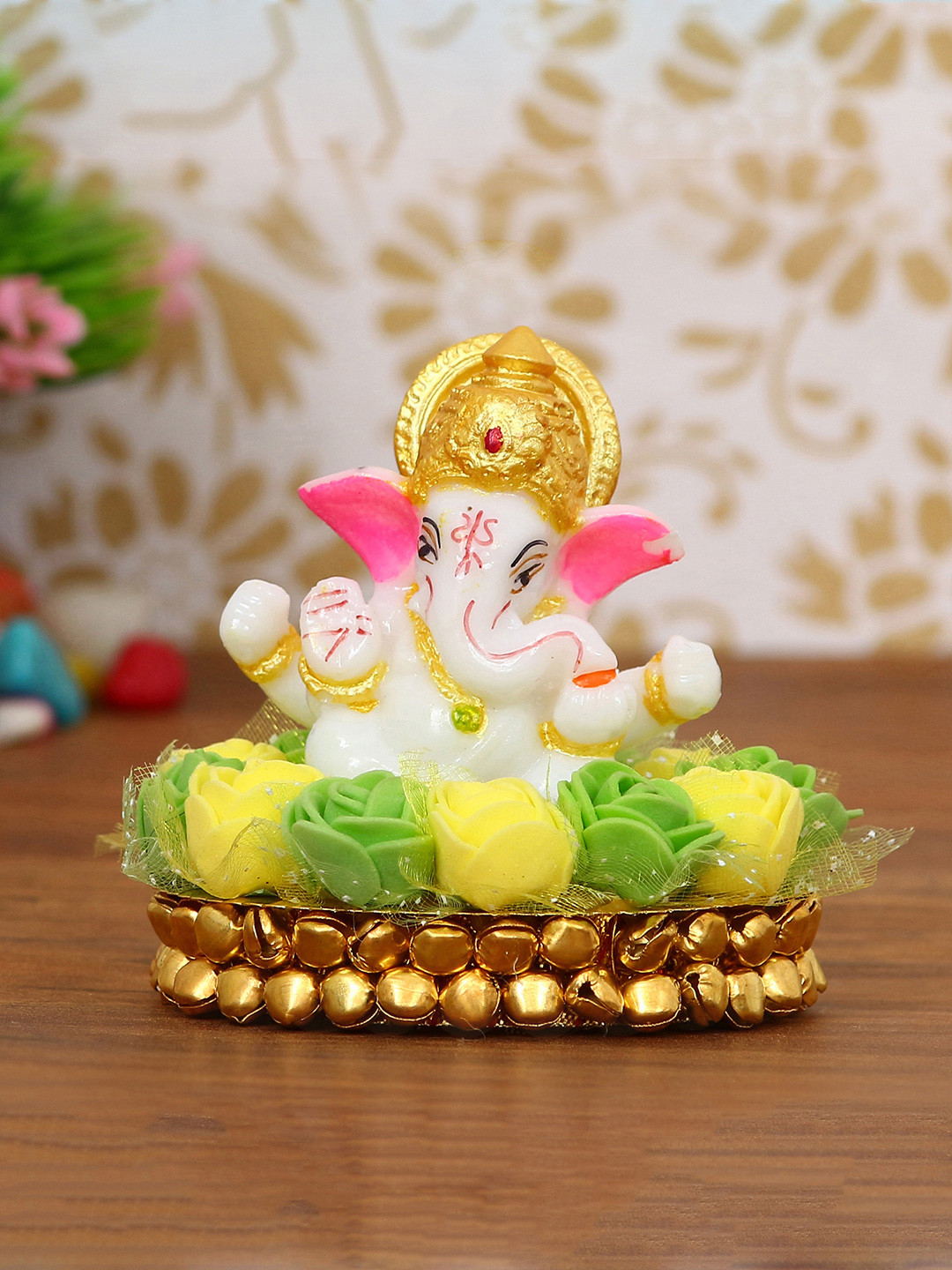 eCraftIndia Lord Ganesha on Decorative Plate White Metal Metallic Prayer Room Hand-Crafted Tiny Showpiece - 3.1 Inches