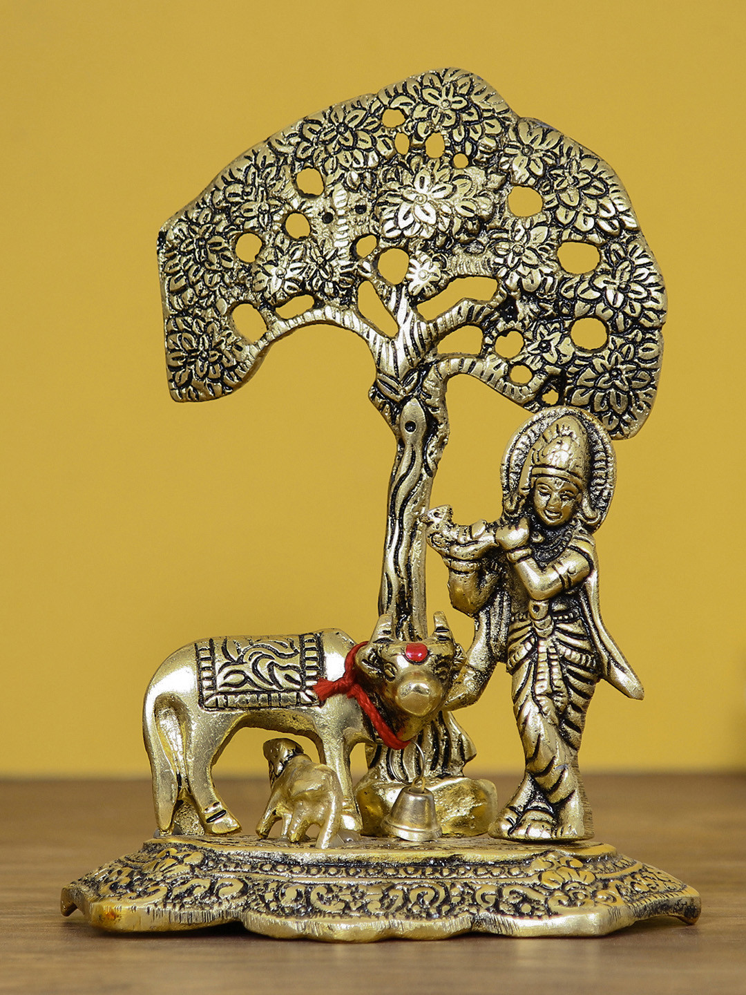 eCraftIndia Lord Krishna Playing Flute Under Tree Gold Metal Metallic Prayer Room Small Showpiece - 6.5 Inches