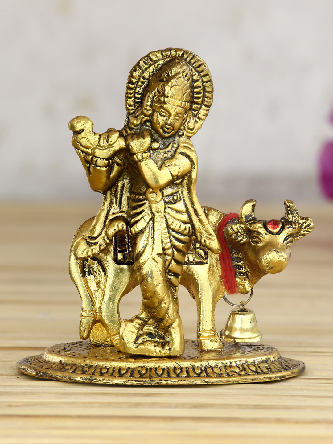 eCraftIndia Lord Krishna Playing Flute with Cow Gold Metal Metallic Living Room Small Showpiece - 3.5 Inches