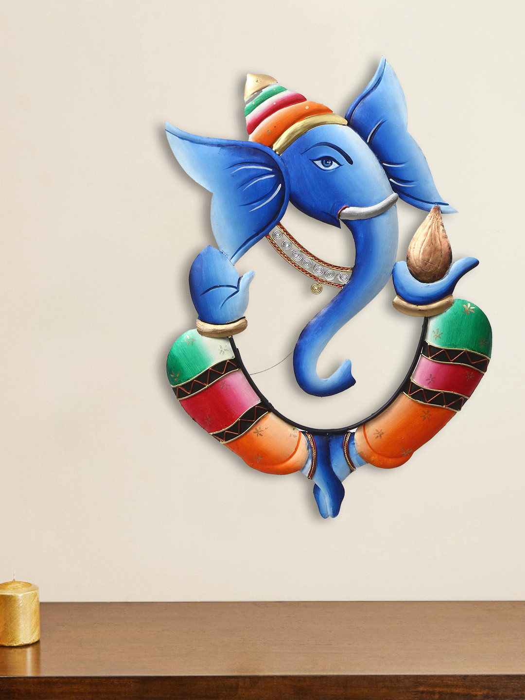 eCraftIndia Colorful Lord Ganesha with Kalash Metal Matte Spiritual Wall Decor-21.7In