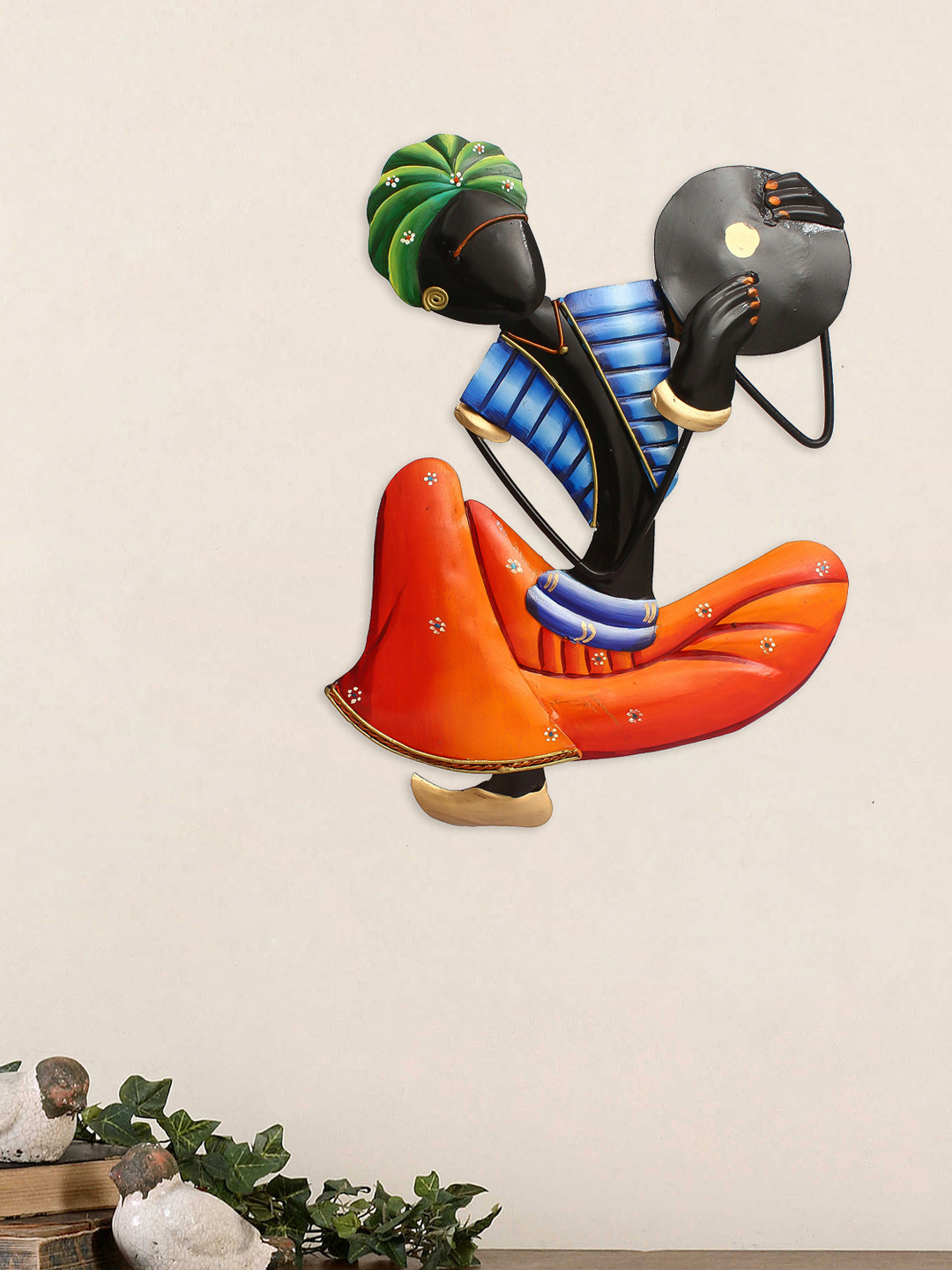 eCraftIndia Musician Tribal Man Playing Tapli Metal Glossy Wall Hangings-13.8In