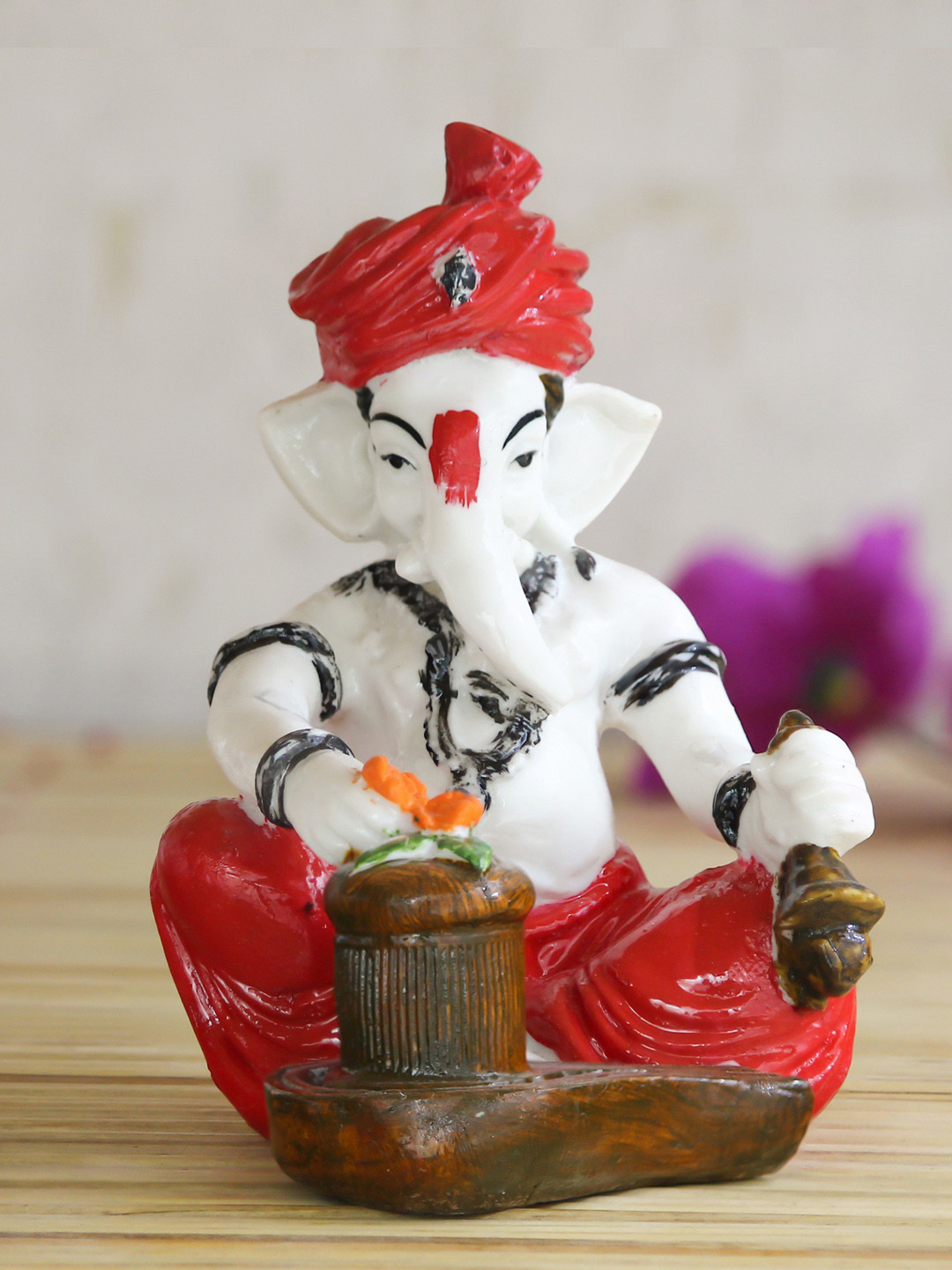 eCraftIndia Lord Ganesha Worshipping Lord Shiv Red Polyresin Natural Prayer Room Small Showpiece - 4.3 Inches