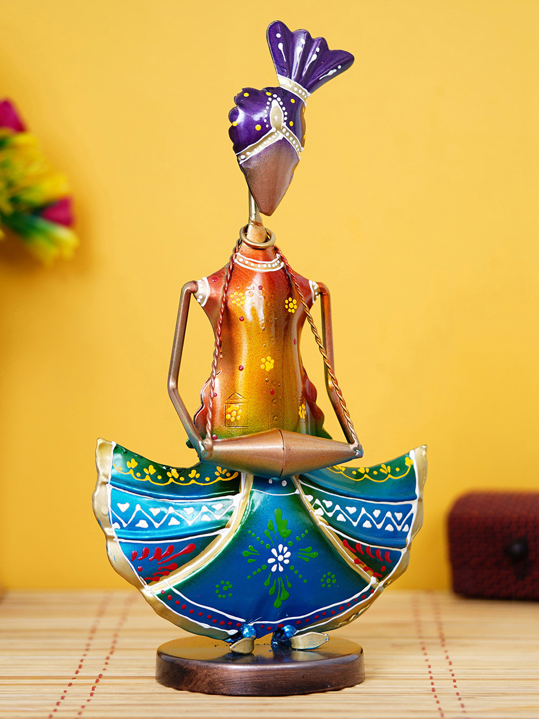 eCraftIndia Tribal Lady Playing Musical instrument Dholak Blue Metal Metallic Living Room Music Medium Showpiece - 12.8 Inches