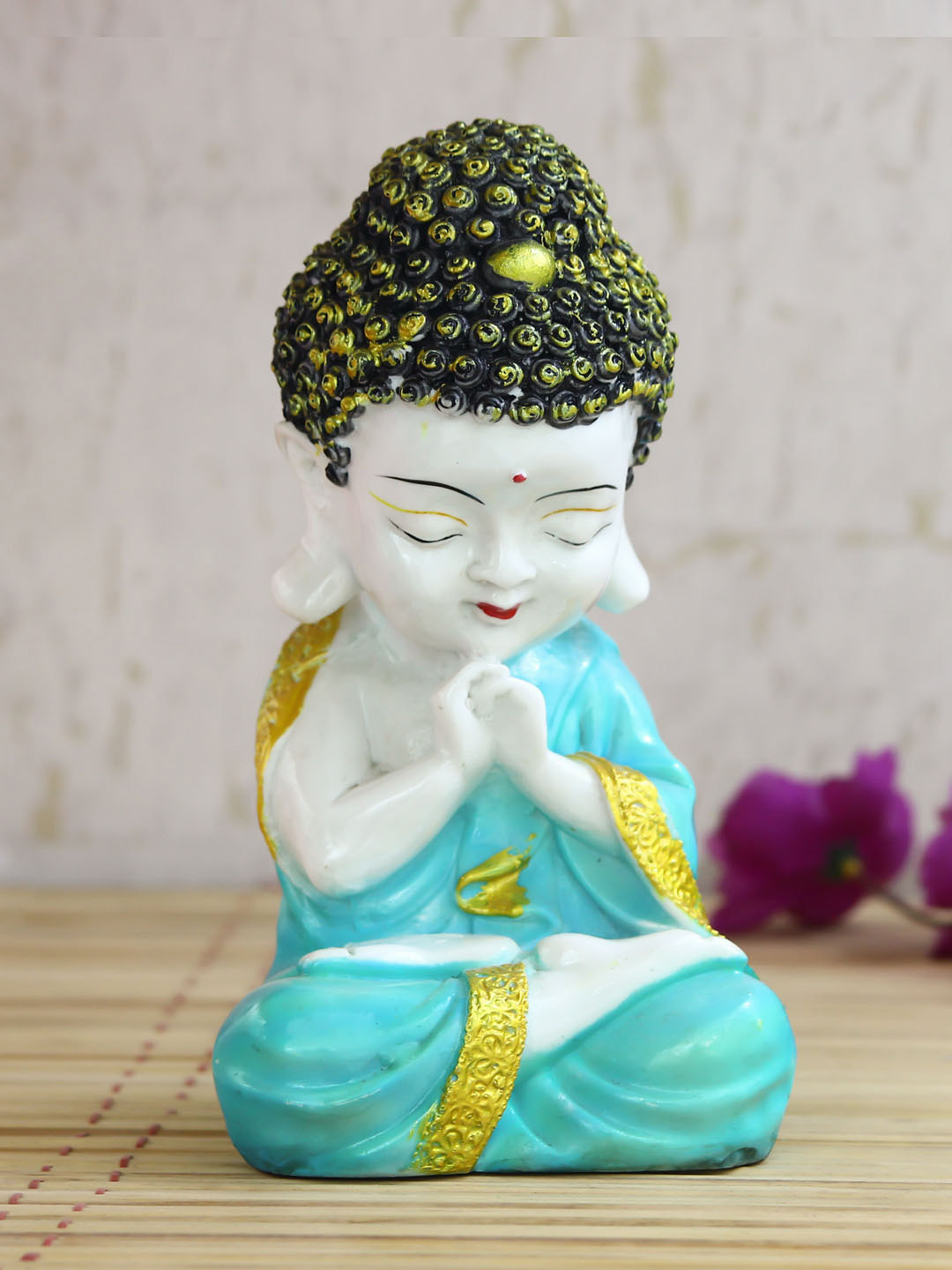 eCraftIndia Praying Monk Buddha Sea Green Polyresin Matte Home Office Small Showpiece - 7.1 Inches