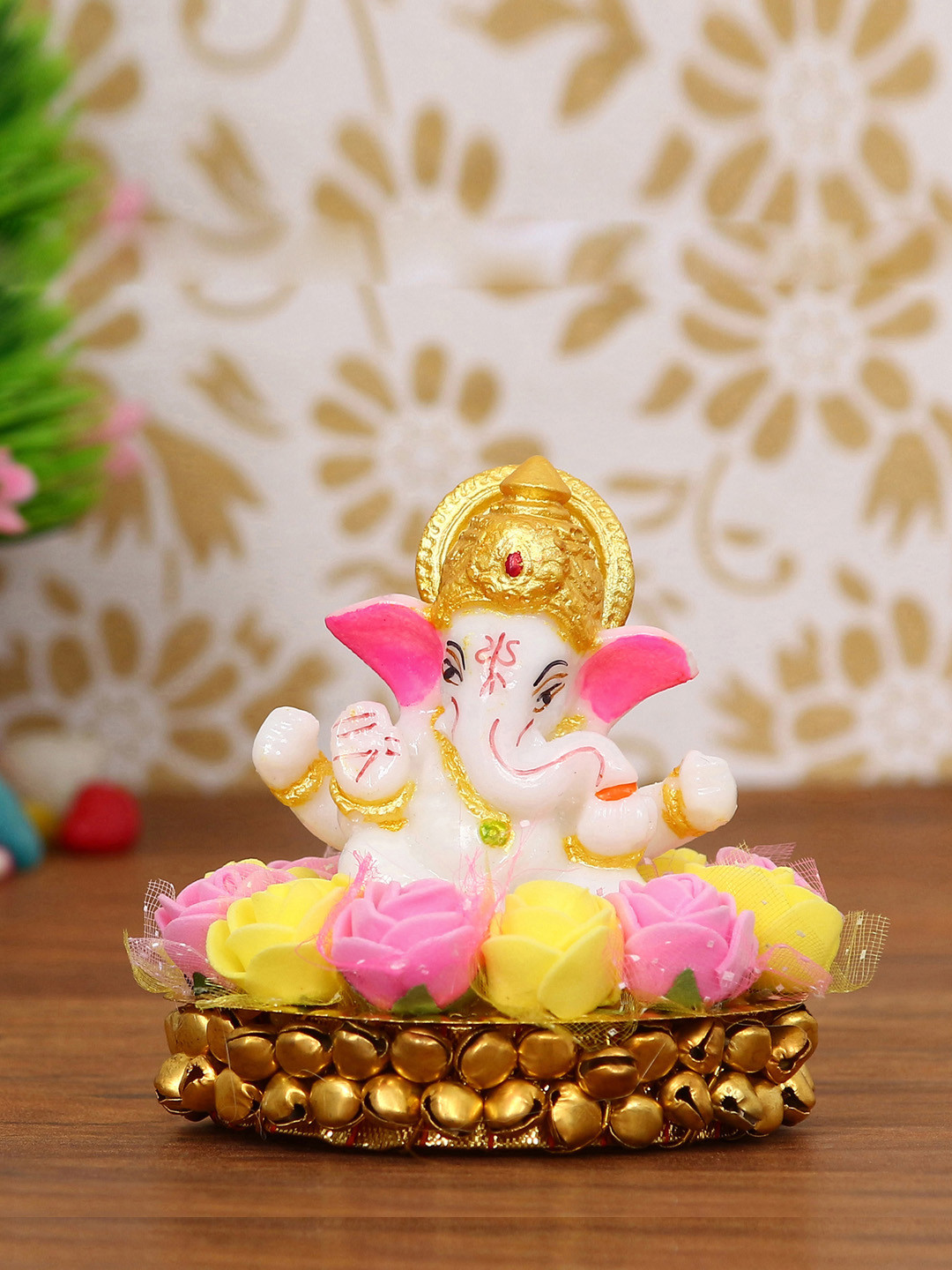 eCraftIndia Lord Ganesha on Plate White Metal Metallic Prayer Room Hand-Crafted Tiny Showpiece - 3.1 Inches