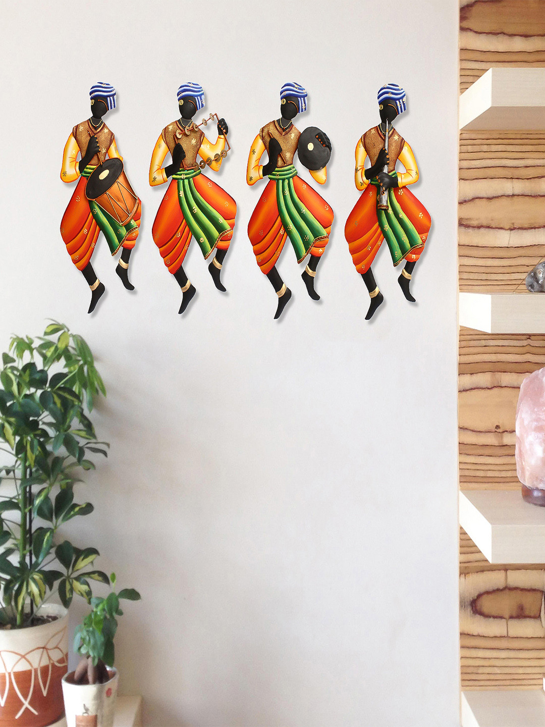 eCraftIndia 4 Tribal Man Playing Different Musical Instruments Metal 4Pcs Wall Hangings-15In