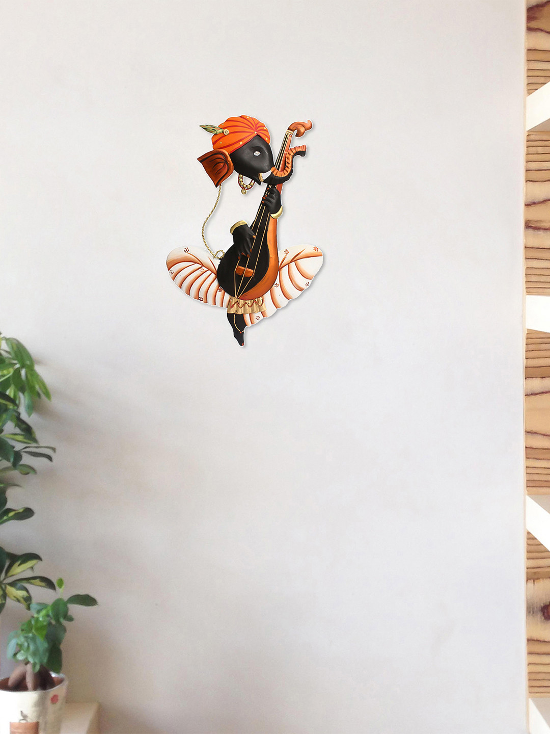 eCraftIndia Musician Ganesha Playing Veena Orange Metal Matte Prayer Room Medium Showpiece - 15.7 Inches