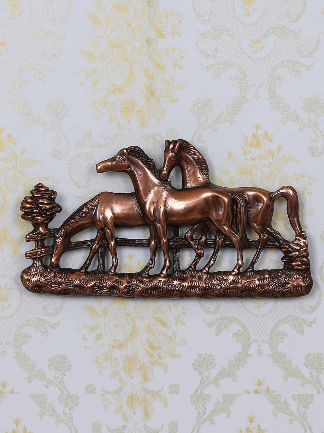 eCraftIndia Copper-Toned Handcrafted Three Horses Decorative Wall Hanging Showpiece