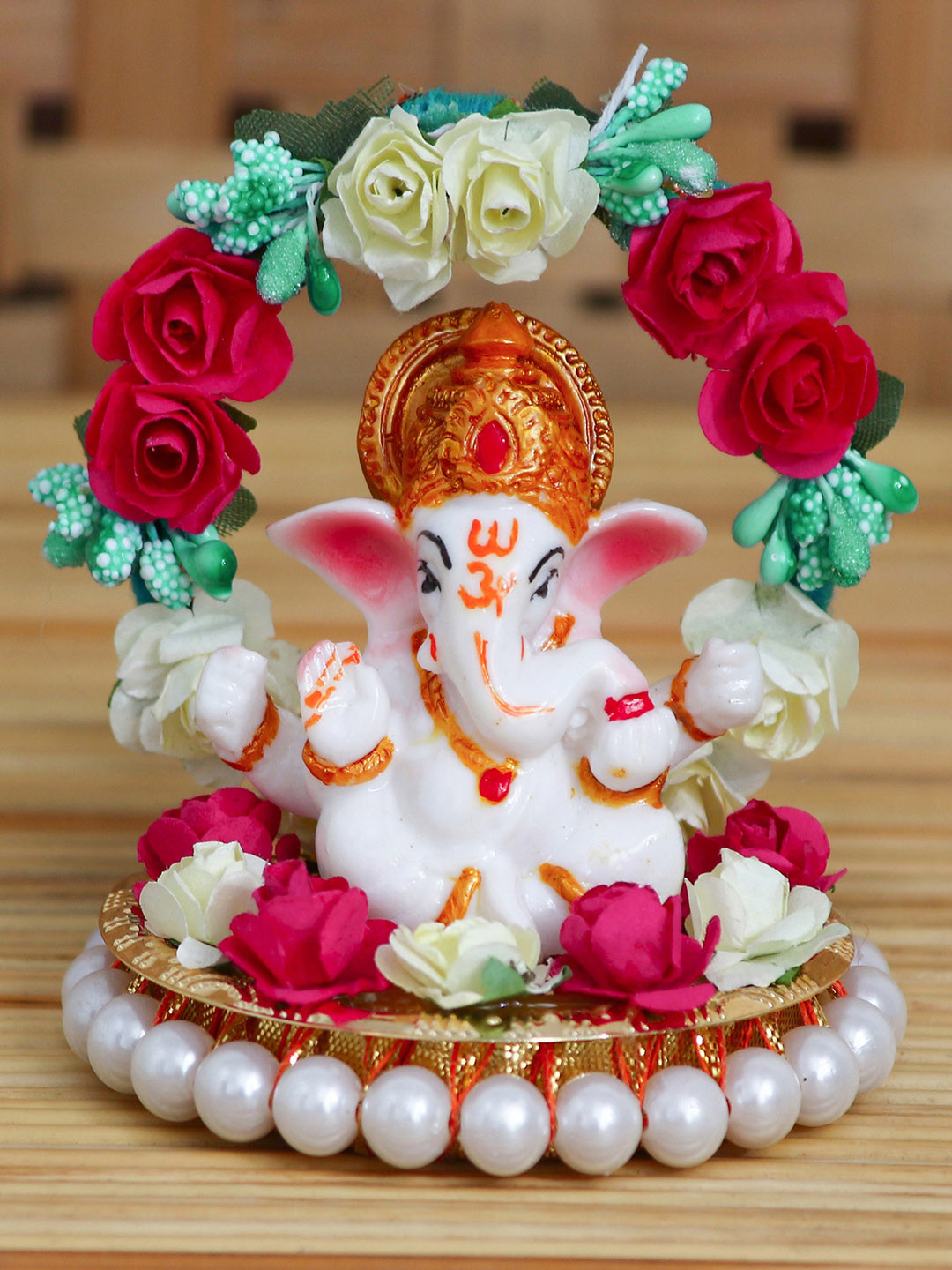 eCraftIndia Lord Ganesha with Throne Of Colorful Flowers Red Ceramic Glossy Prayer Room Hand-Crafted Small Showpiece - 4.7 Inches