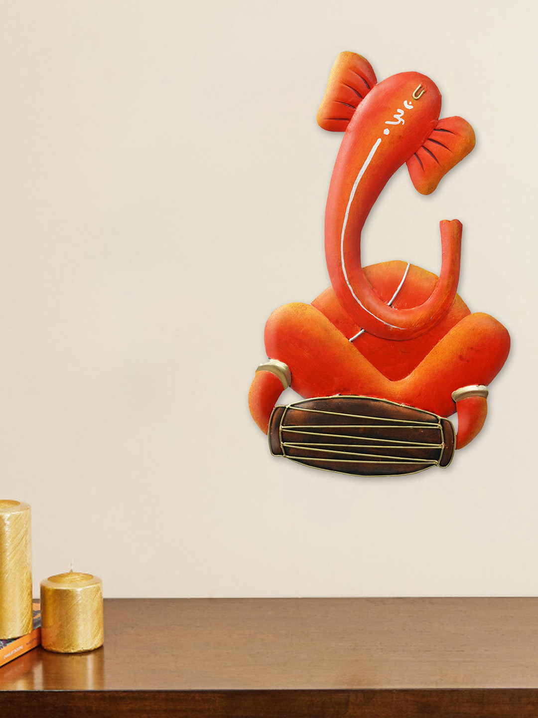 eCraftIndia Musician Lord Ganesha Playing Veena Orange Iron Metallic Prayer Room Music Medium Showpiece - 14.2 Inches